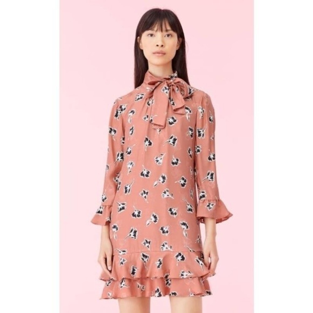 Rebecca Taylor coral pink silk dress Ikat Paintbrush ruffle dress size 0 - Picture 2 of 14